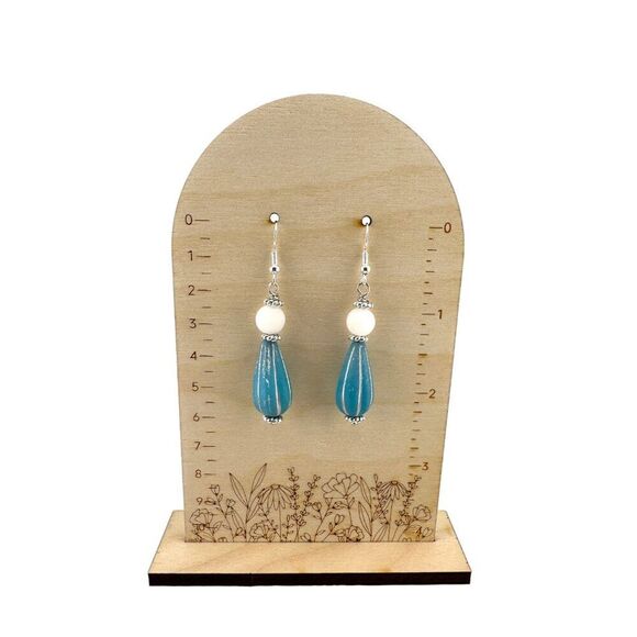 Blue Melon Teardrop & White Jade Earrings Czech Glass 925 Sterling Silver - Picture 10 of 10